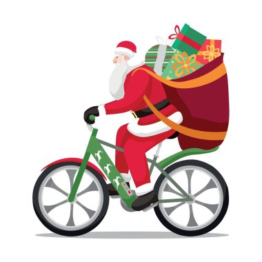 Beyaz arka planda hediyeleri ve bisikleti olan Noel Baba