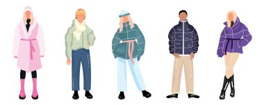 Beyaz arka planda şık kış kıyafetleri giymiş gençlerin kolajı