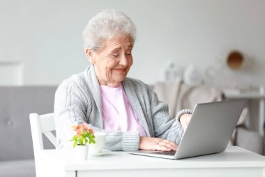 Evde dizüstü bilgisayar kullanan yaşlı bir kadın.