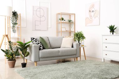 Işıl ışıl oturma odasının içi. Rahat gri kanepe ve yeşil çiçekli.