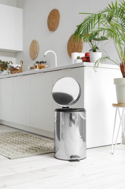 Modern mutfağın içinde metalik çöp kutusu açıldı.