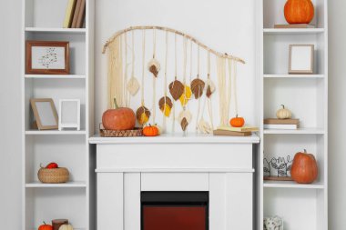 Balkabağı, şömine ve raf üniteleriyle oturma odasının içinde.