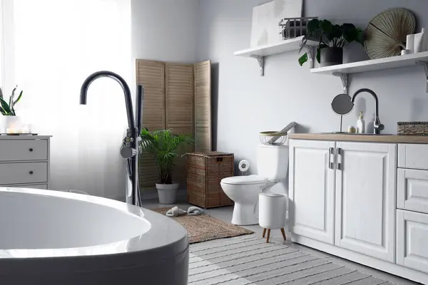 Interior Light Restroom Ceramic Toilet Bowl Sink Vanity Cabinets — Stock Photo, Image