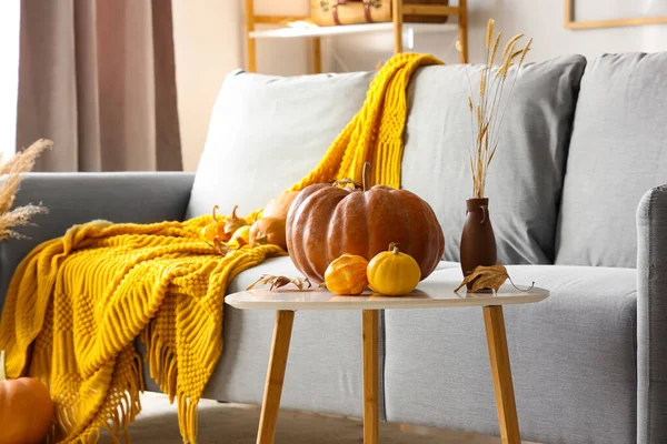 Pumpkins and autumn leaves on coffee table in living room, closeup