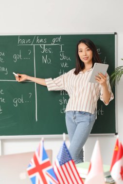 Sınıfta dil bilgisi dersi veren tablet bilgisayarlı kadın İngilizce öğretmeni.