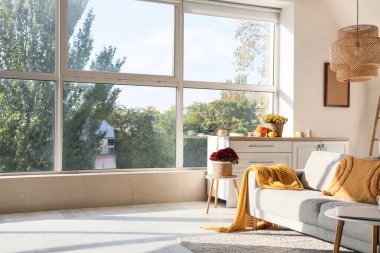 Mutfağın içinde tezgah, kanepe ve kasımpatı çiçekleri var.