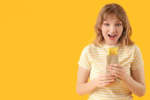 Young Woman Tasty Sandwich Wrap Yellow Background — Stock Photo, Image