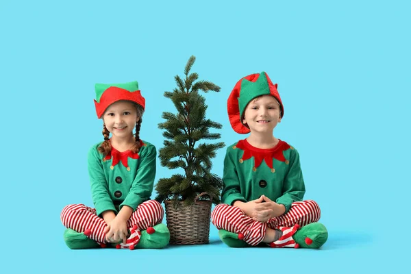 Roztomilí Malí Elfové Vánoční Stromeček Sedí Modrém Pozadí — Stock fotografie