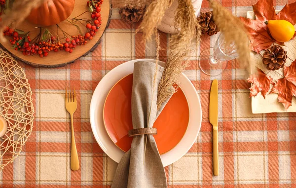 Autumn Table Setting Folded Napkin Golden Cutlery Pampas Grass Closeup Stock Image