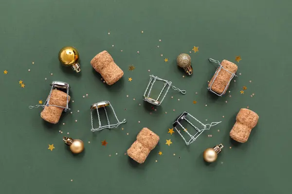 Champagnerkorken Mit Weihnachtsdekor Auf Grünem Hintergrund — Stockfoto