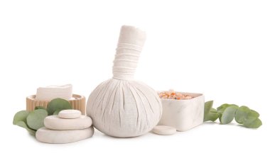 Beyaz arka planda izole edilmiş okaliptüs dallarıyla güzel bir spa kompozisyonu