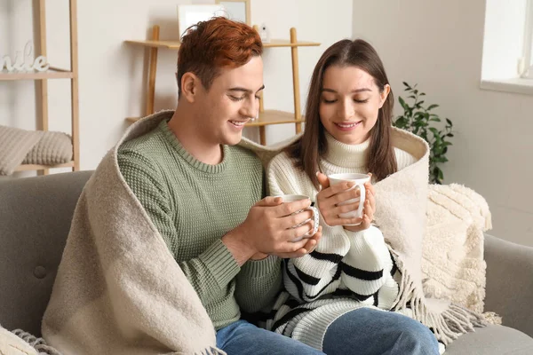Young Couple Drinking Hot Tea Home Winter Day — Stock Photo, Image