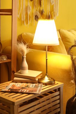 Parlayan lamba, dergi, kitap ve vazo. Oturma odasındaki ahşap masada otlar.