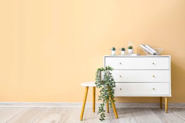 Çekmeceler ve bej duvarın yanında farklı bitkilerle dolu tabure.