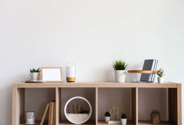 Beyaz duvarın yanında farklı ev bitkileri ve kitapları olan ahşap raf ünitesi.