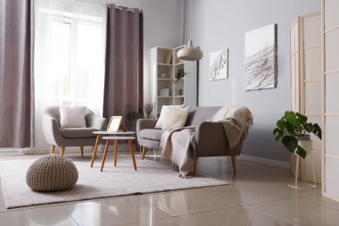 Gri kanepesi, koltuğu ve sehpası olan modern oturma odasının içinde.