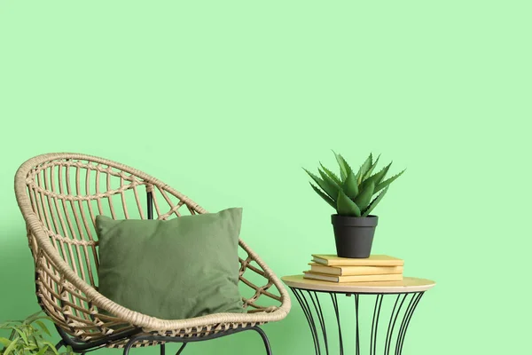 Cozy armchair with cushion and houseplant near green wall