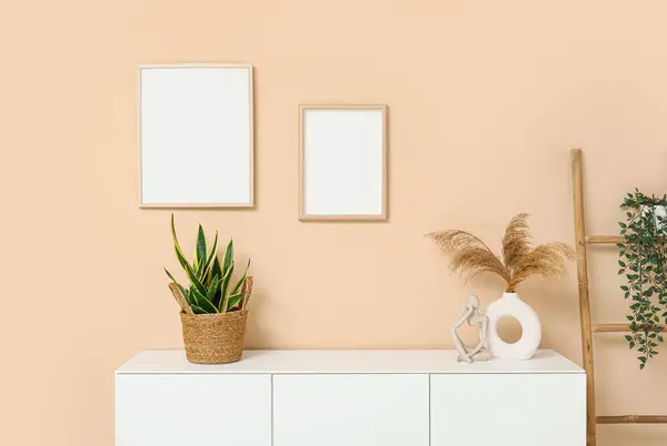 Modern white chest of drawers with houseplants and ladder near beige wall in room