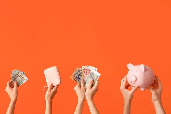 Female Hands Wallet Piggy Bank Money Orange Background — Stock Photo, Image