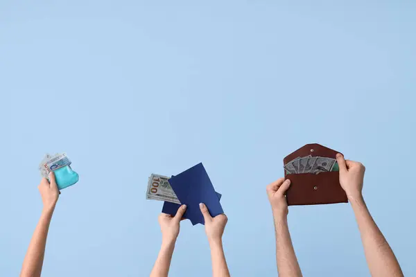 Female Hands Wallets Money Blue Background — Stock Photo, Image