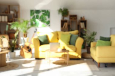 Sarı kanepesi ve çiçekleri olan modern oturma odasının bulanık görüntüsü