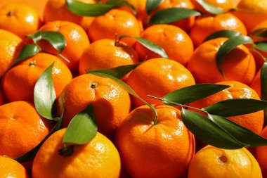 Texture of sweet mandarins and leaves, closeup clipart