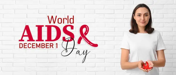 Jovem Com Fita Vermelha Sobre Fundo Tijolo Branco Dia Mundial — Fotografia de Stock