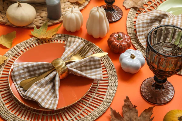 Stylish Table Setting Candles Autumn Decor Orange Background — Stock Photo, Image