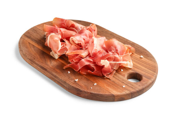 Wooden board with slices of tasty prosciutto on white background
