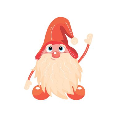 Beyaz arka planda el sallayan sevimli yeni yıl cücesi.