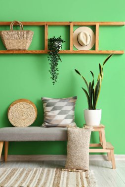 Koridorun içinde yeşil duvarın yanında gri bank, merdiven ve bitkiler var.