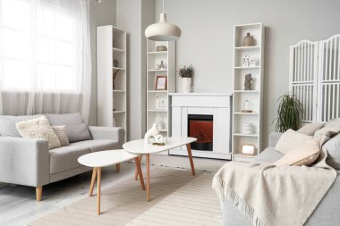 Oturma odasında rafları ve kanepeleri olan modern bir şömine.