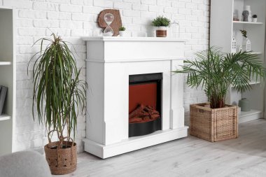 Oturma odasında farklı dekorasyonları ve çiçekleri olan modern bir şömine.