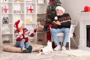 Köpekli olgun bir çift Noel arifesinde evde şampanya içiyor.