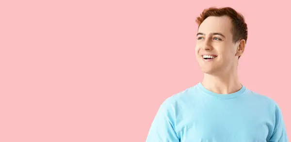 Smiling Young Man Healthy Teeth Pink Background Space Text — Stock Photo, Image