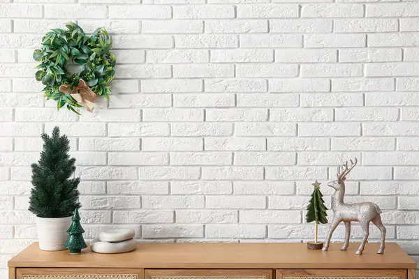 Wooden Cabinet Christmas Decorations White Brick Wall — Stock Photo, Image
