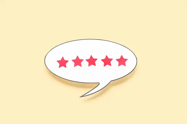 Speech bubble with five stars rating on yellow background. Customer experience concept
