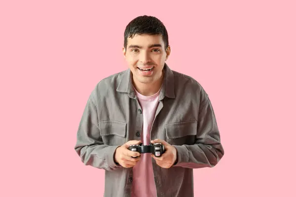 Happy Young Man Game Pad Pink Background — Stock Photo, Image