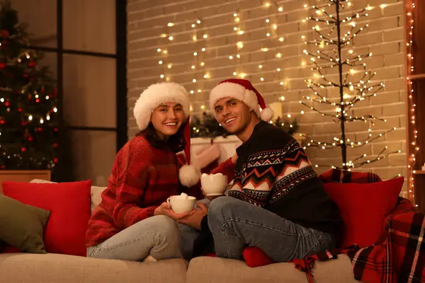 크리스마스 소파에 마쉬멜로와 뜨거운 코코아를 마시는 — 스톡 사진