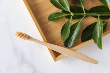 Tahta tepsi ve arka planda bambu diş fırçası, üst manzara.