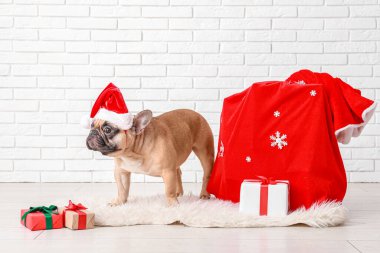 Beyaz tuğla duvarın yanında Noel Baba şapkalı şirin Fransız bulldog.