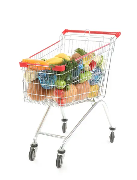 Shopping Cart Full Food Isolated White Background — Stock Photo, Image