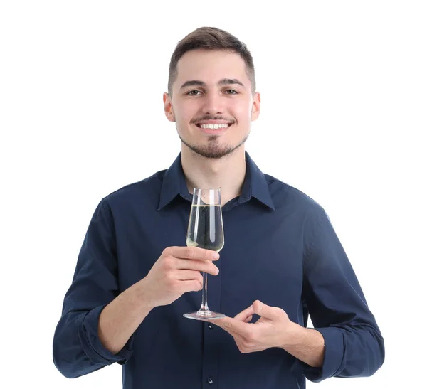 Junger Mann Mit Einem Glas Champagner Auf Weißem Hintergrund Neujahrsfeier — Stockfoto