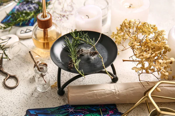 Witch Magic Attributes Herbs Grunge Table Closeup — Stock Photo, Image