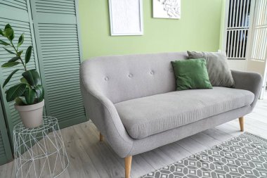 Gri kanepe, bitki ve katlanmış ekran ile şık bir oturma odası.