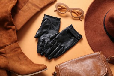 Kadın deri eldivenli, ayakkabılı ve aksesuarlı kompozisyon