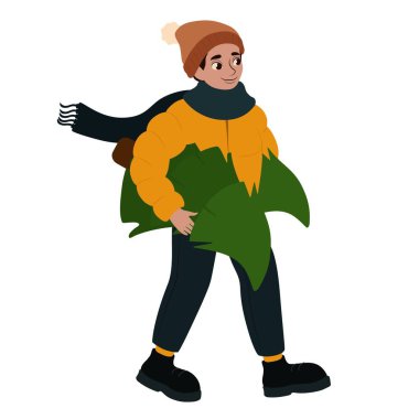 Beyaz arka planda Noel ağaçları olan adam