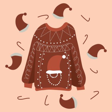 Noel süveteri ve pembe arka planda Noel Baba şapkaları.