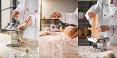 Mutfaktaki masada makineyle makarna yapan kadın aşçı kolajı.