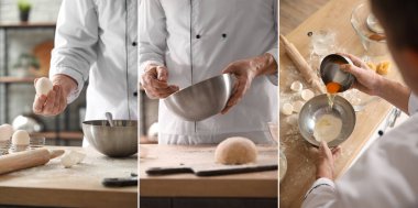 Mutfaktaki masada makarna yapan erkek aşçı kolajı.